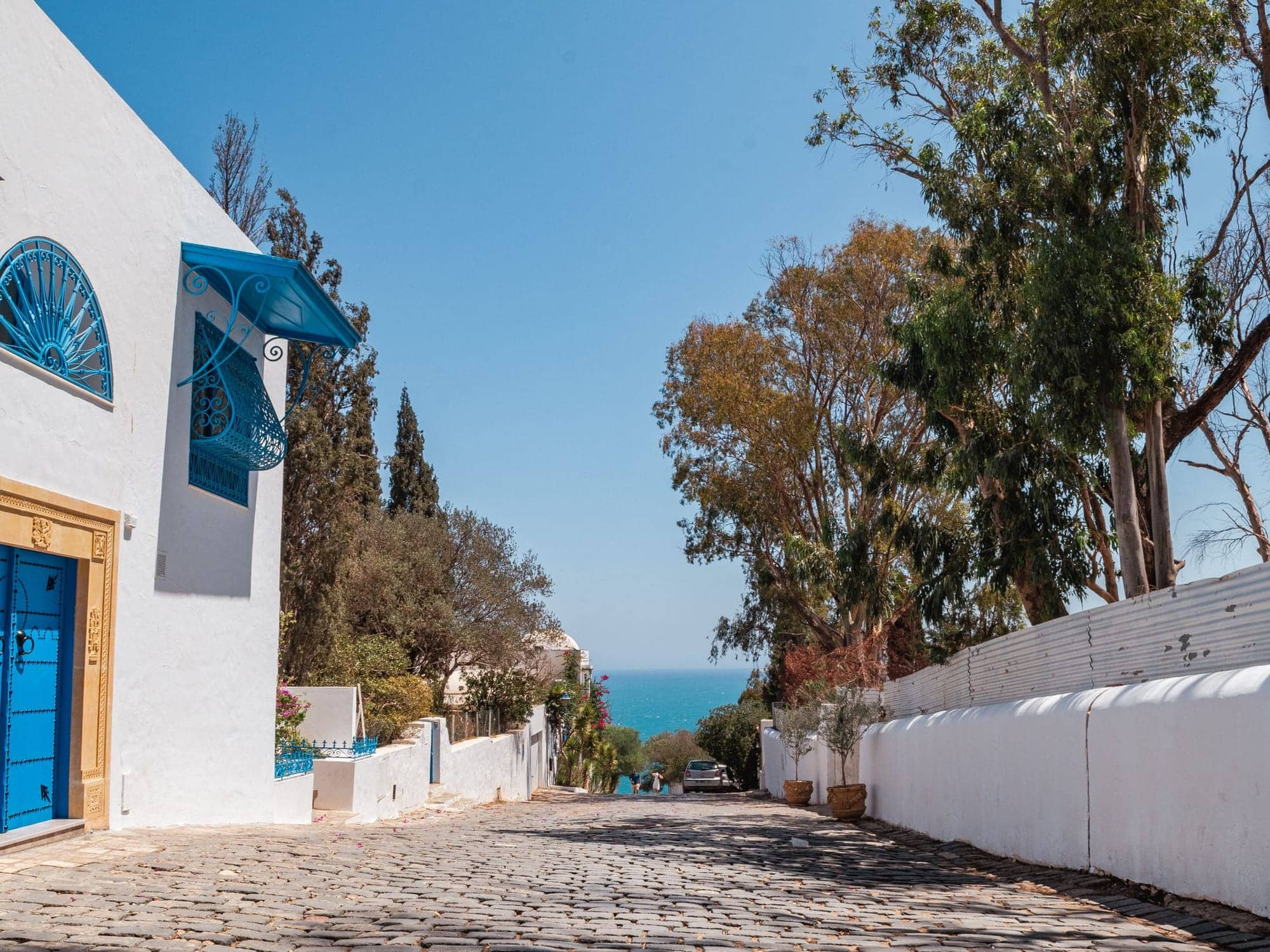 A blue and white street of Sidi Bou Saïd descending to the sea