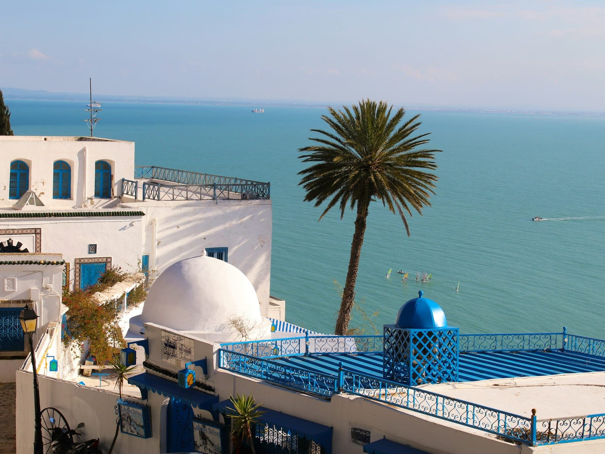 The blue and white terraces of Sidi Bou Saïd over the sea